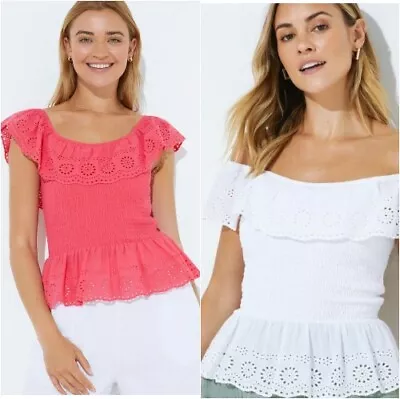 BNWT Matalan Pink  Or White Shirred Broderie Schiffley Top  (ST86) • £7.99