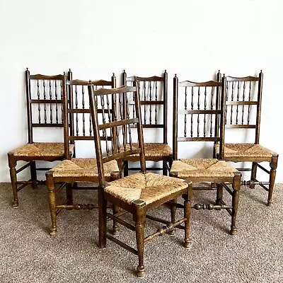 Farmhouse Spindle Back Rush Seat Wooden Dining Chairs - Set Of 6 • $1195