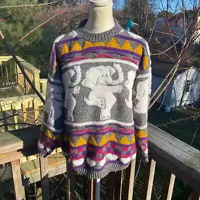Rose Gray Elephant Print Vintage 80's Acrylic Sweater Women's Size Medium • $39.99