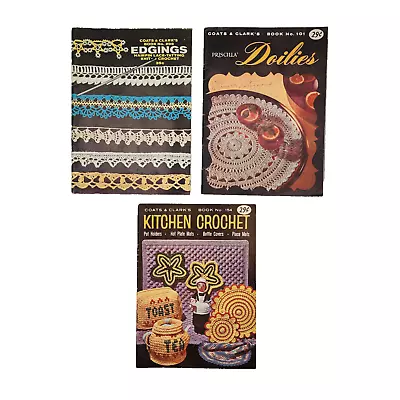 3 Vtg Coats & Clark's Booklets Book 101 154 208 Crochet Doilies Edgings Kitchen • $18