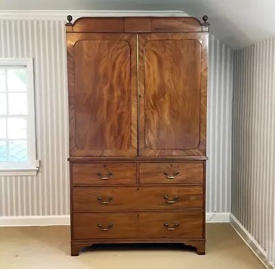 Antique Georgian Tiger Mahogany Linen Press Wardrobe Cabinet  • $5950