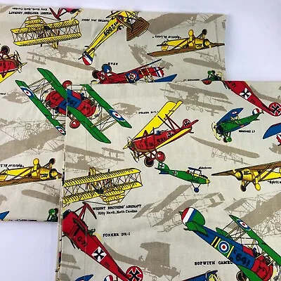 2 Bi-Planes Vintage Airplanes Curtain Panels Fabric Biplanes Fokker Sopwith Used • $39.99