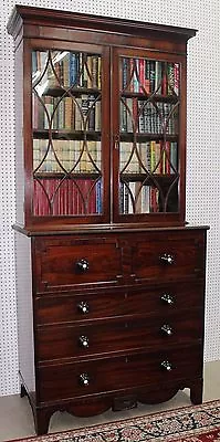 Antique American Federal Flame Mahogany Bookcase Secretary Ivory Insets C1790 • $6500