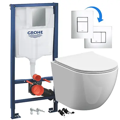 Rimless Wall Hung Toilet Pan Seat & GROHE 1.13m Concealed Cistern Frame WC • £154.95