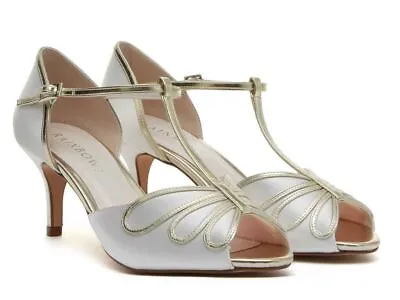 Rainbow Club Bridal Shoe Harlow Ivory Satin Heel With Gold Trim T-Bar Peep Toe • £49.50