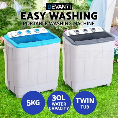 Devanti Mini Washing Machine Portable Twin Tub Caravan Camping Top Load Spin 5kg • $146.95