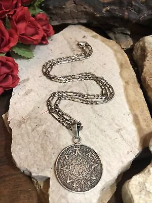 Vintage Sterling Silver 925 Aztec Mayan Calendar Disk Pendant Necklace 26.6g • $117