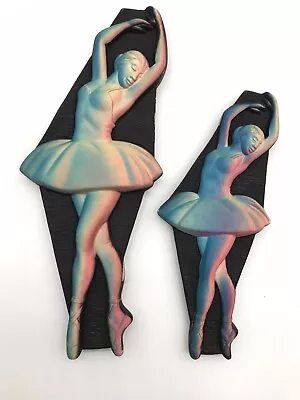 Pair 1960’s Colorful Ballerina Chalkware Figurines Wall Hanger Plaques Kitschy • $28.95