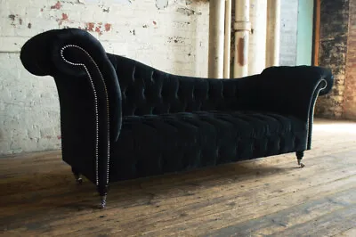 Handmade Luxury Black Velvet Fabric Chesterfield Chaise Longue Sofa Couch • £1495