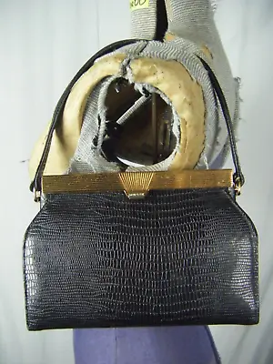 Vtg 60s Black Lizard Embossed Box Purse • $18.38