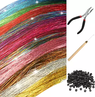 Hair Tinsel Strands Kit 12 Colors 2400 Strands Tinsel Hair Extensions Glitter • £11.63