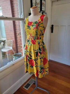 Elise Size 12 Yellow Red & Green Floral Silk Vintage Style Fit & Flare Dress  • $55