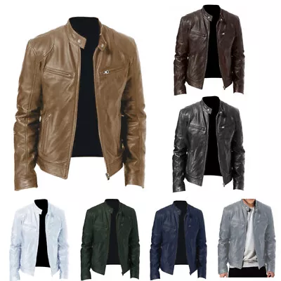 Collar Motorcycle Biker Zip Up Outwear Mens Coat Leather Stand Retro Top Jacket • $56.42