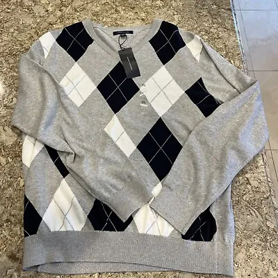 NWT Tommy Hilfiger V Neck Sweater Men’s Size XL Argyle Gray White Long Sleeve • $24.99