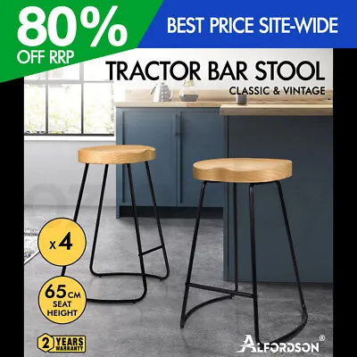 ALFORDSON 4x Bar Stools 65cm Tractor Kitchen Wooden Vintage Chair Natural • $199.95