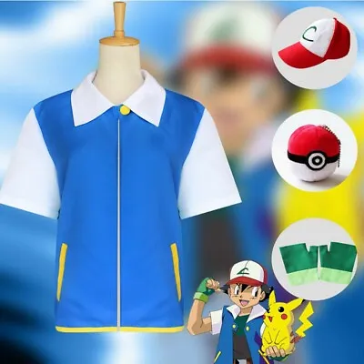 Pokemon Ash Ketchum Cosplay Costume Full Set Jacket + Gloves + Hat + Ball • £17.57