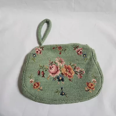 Vintage Petit Point Bag Purse Clutch Sage Green Needlepoint Pink Roses Flowers • $49.99