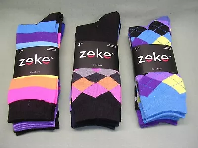 9 Pair  ZEKE  Men's Crew Socks Bright & Colorful Asst. Designs Size 6-12 New • $19.99