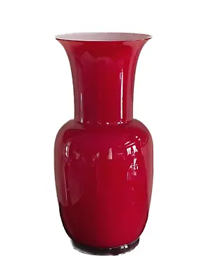 Murano Signed Venini 1985 Red Hand Blown Glass Vase 14 1/8  High • $500