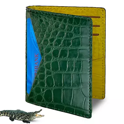 Green Yellow Vintage Wallet Genuine Alligator Leather RFID Block Handmade Luxury • $79