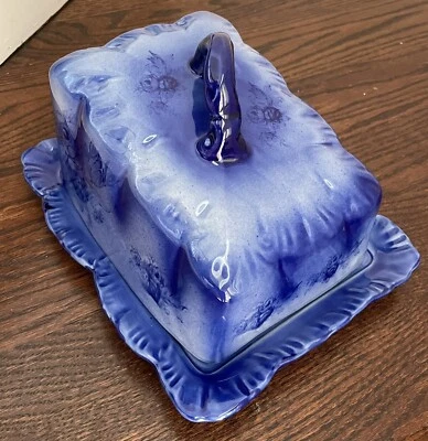 $65 • Buy Staffordshire Cobalt Blue Cheese Keeper Covered Dish Floral England