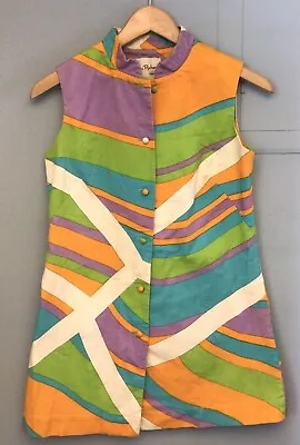 VINTAGE TORI RICHARDS HONOLULU COLORFUL 70’s MOD GOGO BUTTON  WOMANS MINI DRESS • $119.97