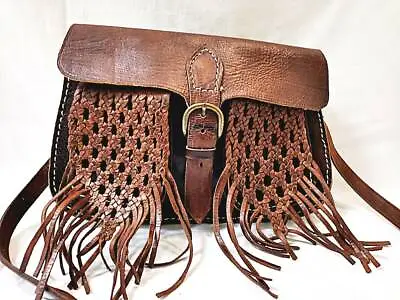 £49.99 • Buy Moroccan FRINGE LEATHER BAG Braided Tassel Purse 1970s Vintage Satchel Tan Boho