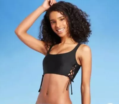 Juniors' Lace-Up Longline Bralette Bikini Top Black Xhilaration Size S NWOT • £9.64