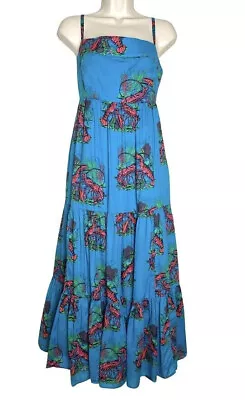 J.crew Womens Tiered Maxi Dress Smocked Lobster Print Pockets Blue Red Size 2 • $75