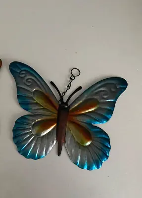 Blue Hanging Butterflies On Chain Garden Wall Ornaments Metal Butterfly • £2.99
