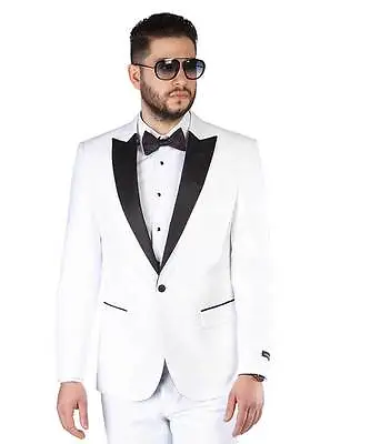 White Peak Lapel Dinner Jacket Tuxedo Slim Fit 1 Button Blazer By AZAR  MAN • $59.99