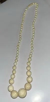 Vintage Faux  Ivory Carved Beads Graduating Necklace 26” Barrel Clasp • $46.79