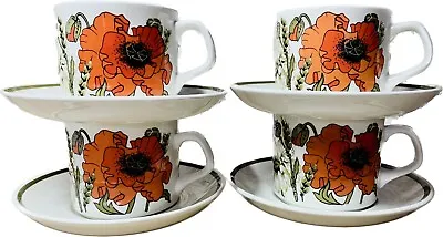 Poppy J&G Meakin Cups Saucers 200ml X4 TeaCoffee Orange Vintage Retro Dinnerware • £15