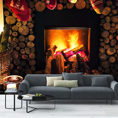Fireplace Logs Woods Flames Photo Wallpaper Mural Livingroom Poster Decoration • £69.99