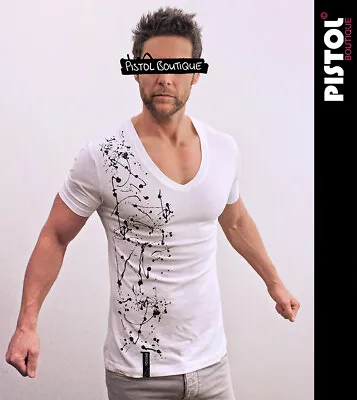 Pistol Boutique Men's Fitted White Deep V Neck GRAFFITI PAINT SPLATS T-shirt • £22.49