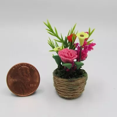Dollhouse Miniature Colorful Mixed Floral And Plant Arrangement In Basket B0547 • $5.84
