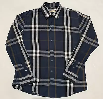 Mens Burberry Brit Plaid Nove Check Navy Blue L/S Button Down Shirt Size Large • $59.95