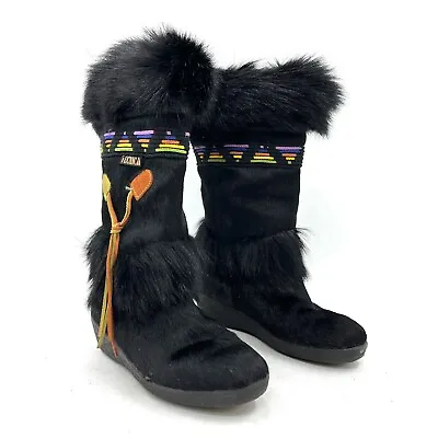 Vintage Tecnica Fur Boots Black With Colored Stripe Women's Size EU 38 / US 7 • $109.99