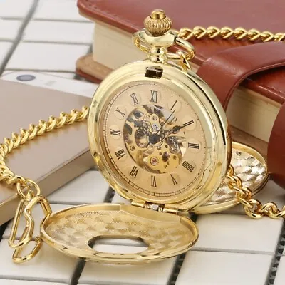 Gold Double Hunter Hand Wind Men's Pocket Watch Skeleton Mechanical Fob Watches • $22.51