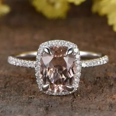 14K White Gold Over 2Ct Cushion Cut Peach Morganite Halo Wedding Engagement Ring • $108.16