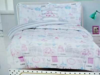 Chloe & Bella TWIN 3 Piece Comforter Set Paris Eiffel Tower Bicycle Pink Blue • $12.09