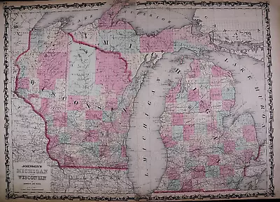 1863 Map - MICHIGAN - WISCONSIN ~ Authentic Johnson Atlas Map (18x26)-#014 • $34