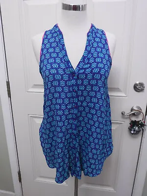 MAEVE ANTHROPOLOGIE 4 Blue Geometric Button Up V Neck Sleeveless Long Top Shirt • $19.99