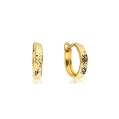 14K Real Solid Gold Round Diamond-Cut Huggie Hoop Earrings Small Size 12MM • $90.95