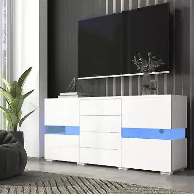 Modern LED Sideboard Display Cabinet With Drawers TV Stand Unit High Gloss White • £131.99