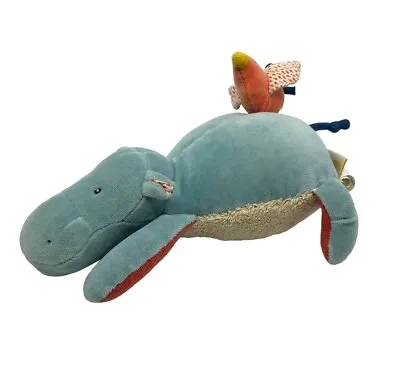 MOULIN ROTY Musical Soft Toy Hippo With Bird “Les Papoum  Lullaby Sound Plush • $39.99