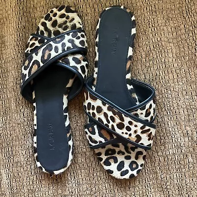 J. Crew Women's Cora Leopard Calf Hair Leather Crisscross Slide Sandals Size 7 • $22