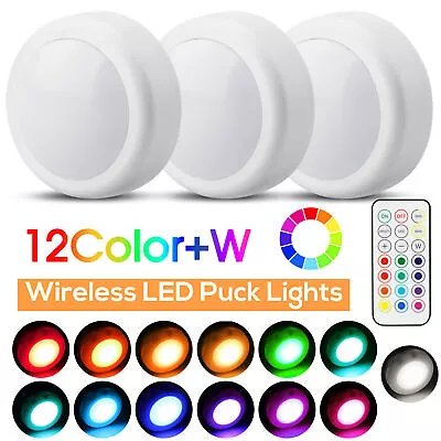 3PCS Wireless LED Puck Lights Color Changing Closet Under Cabinet Counter Remote • $8.99