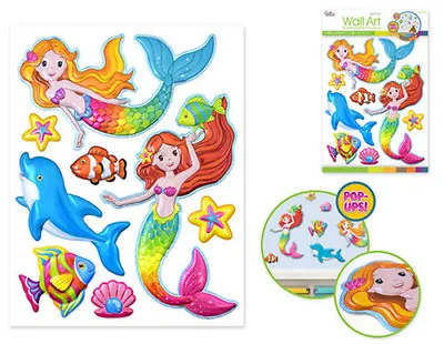 MERMAIDS Wall Stickers 8 Colorful 3-D Pop-up Decals Dolphin Fish Shells Sea Life • $9.99