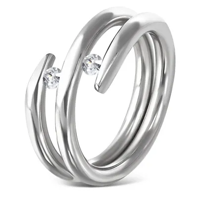 Clear Double Cubic Zirconia Fancy Split Shank Stainless Steel Ring * Non Tarnish • £13.99